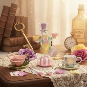 Alice in Wonderland Themed Tea Set Rabbit Flowers Teacups Easter Party Decor